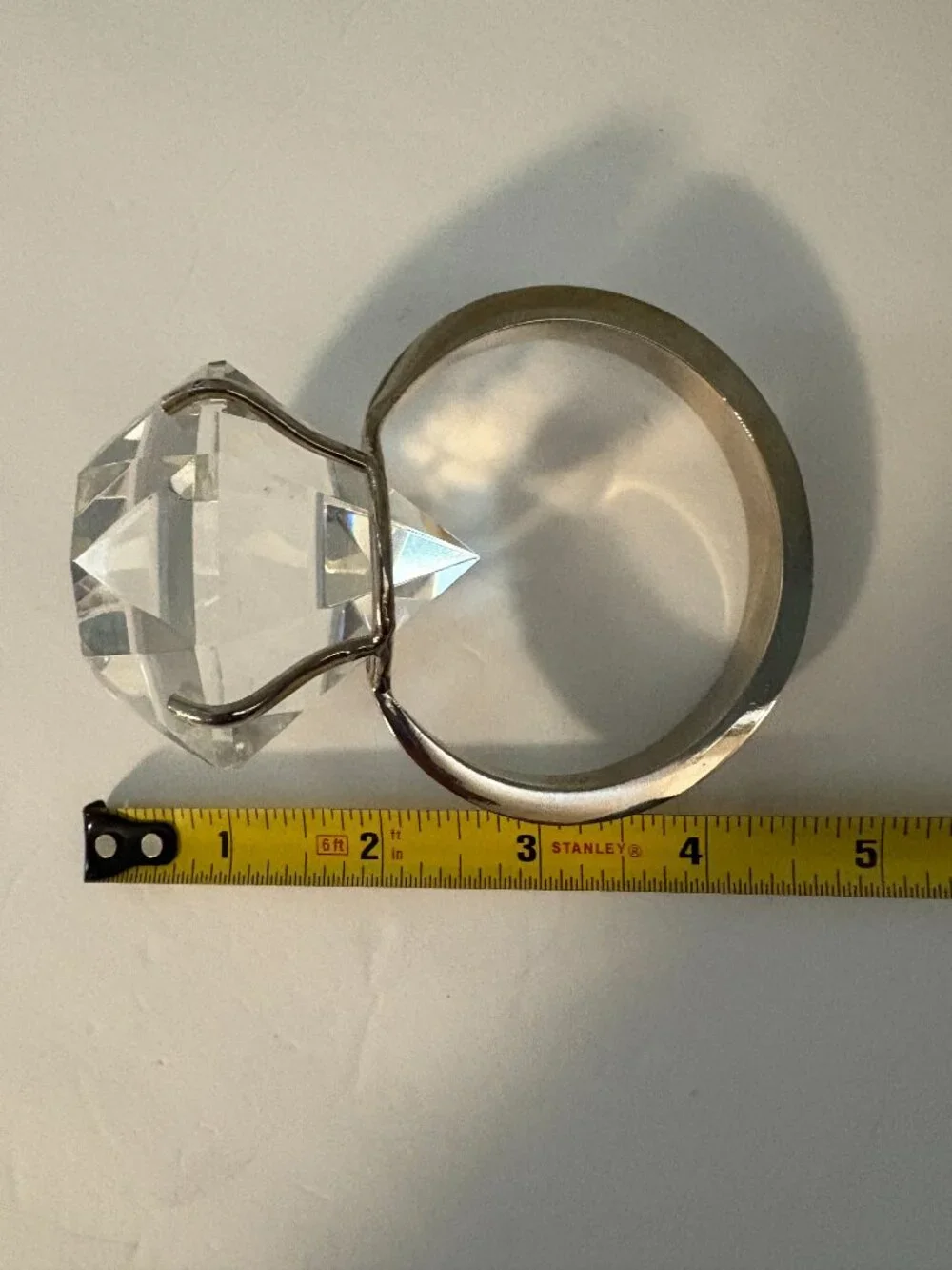 Vintage Giant Novelty Faux Diamond Ring Clear Glass Metal Decor/Paperweight